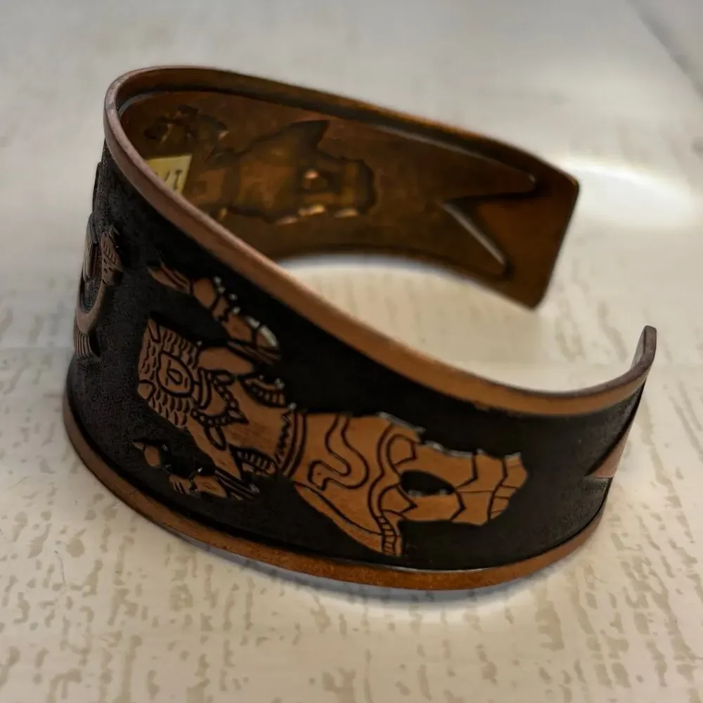 Copper Cuff Bracelet with Etched Buffalo Dancer and Rainbow Yei Design